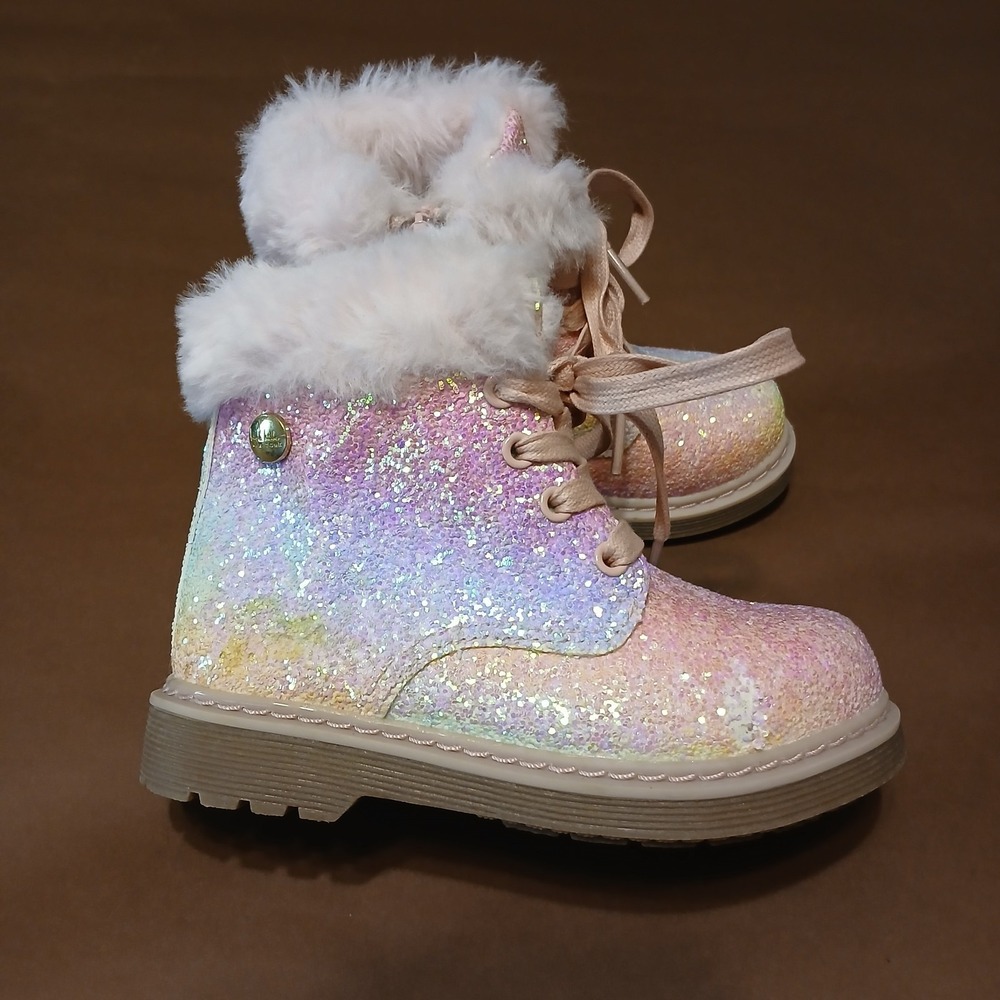 Nicole Miller New York Sparkly Pink and Rainbow Fur Lined Boots Toddler Size 8